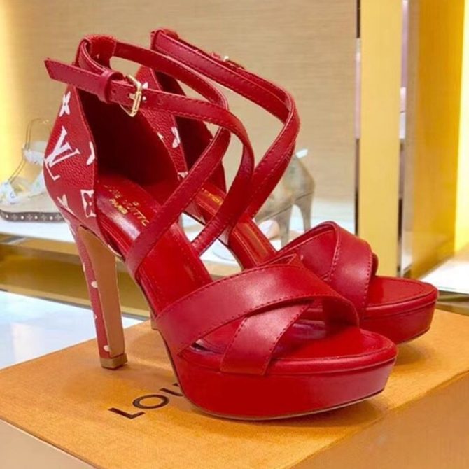 Louis Vuitton Monogram Calfskin Platform Heel Sandals Red