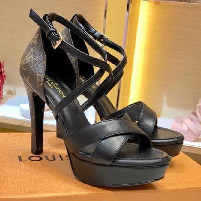 Louis Vuitton Monogram Calfskin Platform Heel Sandals Black/Coffee