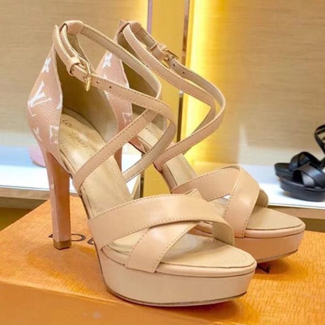 Louis Vuitton Monogram Calfskin Platform Heel Sandals Nude