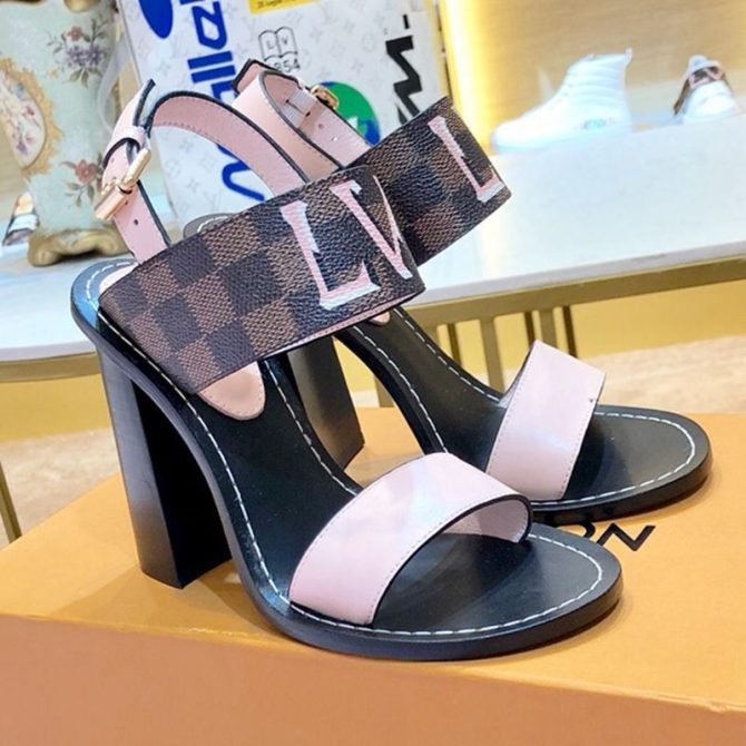 Louis Vuitton Passenger Oversized LV High-Heel Sandals in Damier Canvas and Pink Patent Leather