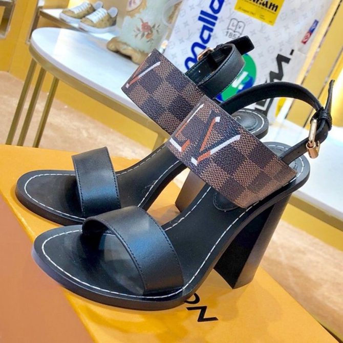 Louis Vuitton Passenger Oversized LV High-Heel Sandals in Damier Canvas and Black Patent Leather