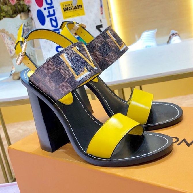 Louis Vuitton Passenger Oversized LV High-Heel Sandals in Damier Canvas and Yellow Patent Leather