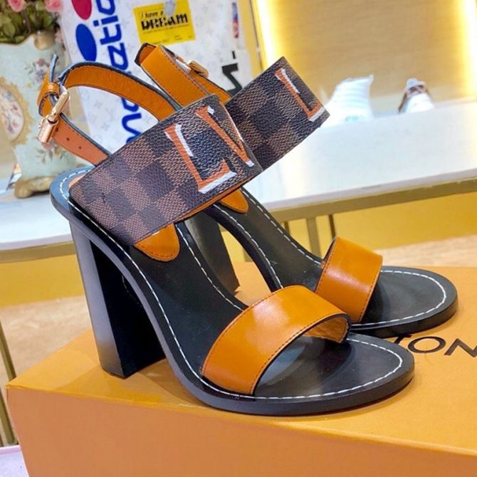 Louis Vuitton Passenger Oversized LV High-Heel Sandals in Damier Canvas and Orange Patent Leather