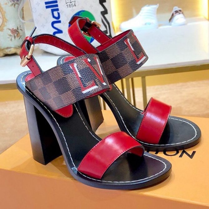 Louis Vuitton Passenger Oversized LV High-Heel Sandals in Damier Canvas and Red Patent Leather