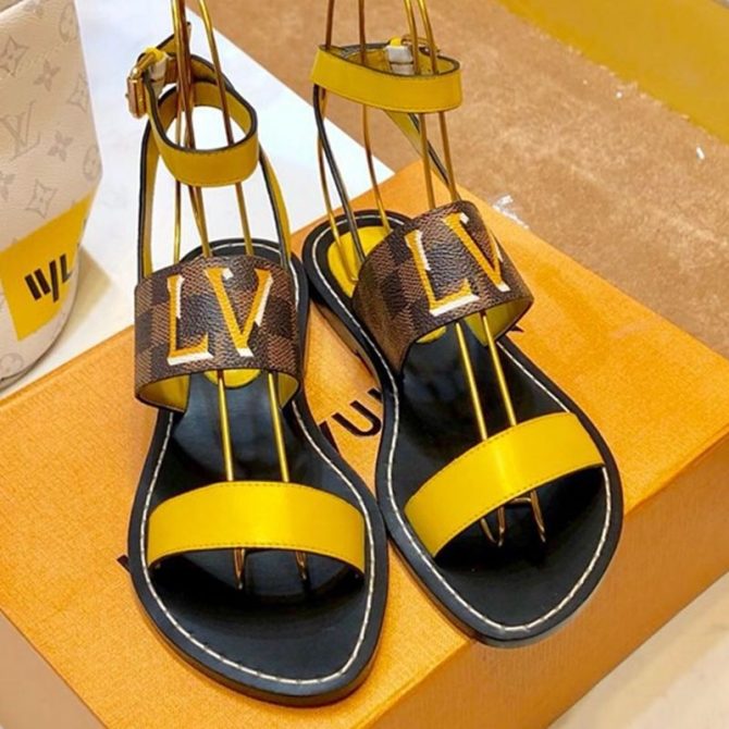 Louis Vuitton Passenger Oversized LV Flat Sandals in Damier Canvas and Yellow Patent Leather