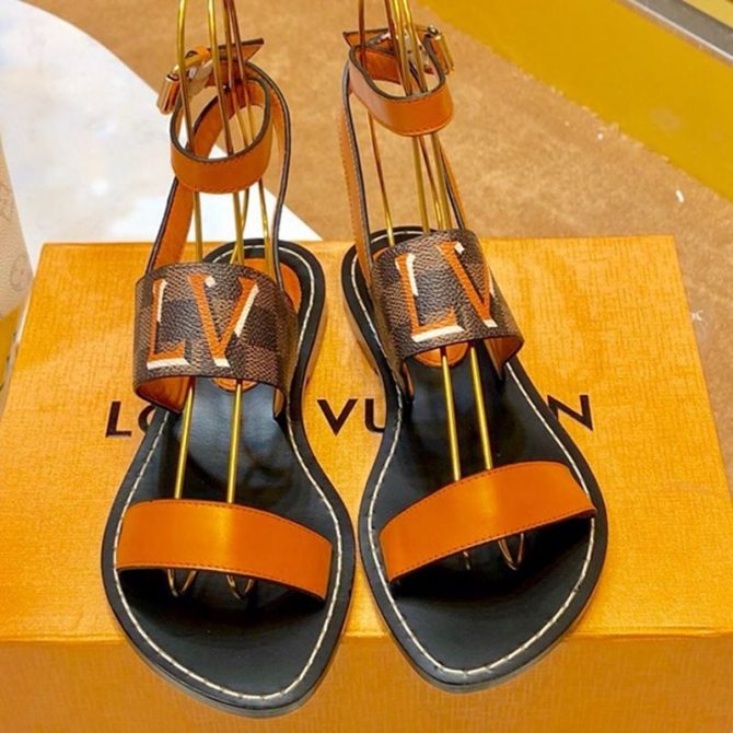 Louis Vuitton Passenger Oversized LV Flat Sandals in Damier Canvas and Orange Patent Leather