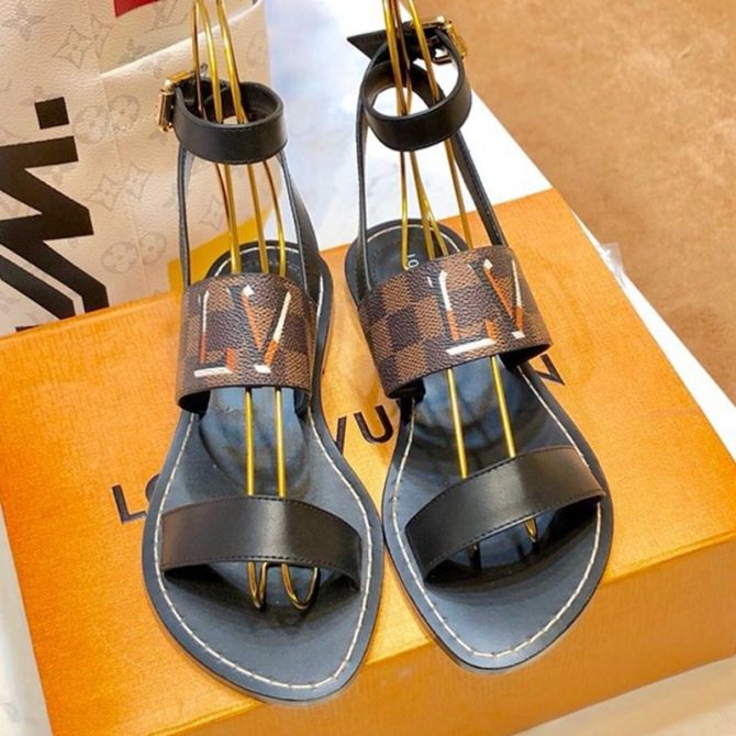 Louis Vuitton Passenger Oversized LV Flat Sandals in Damier Canvas and Black Patent Leather