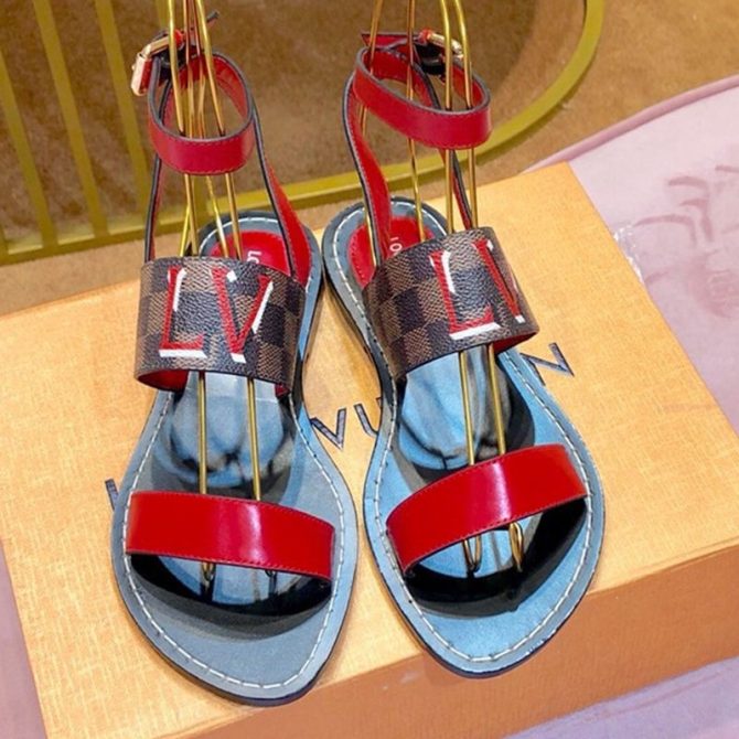 Louis Vuitton Passenger Oversized LV Flat Sandals in Damier Canvas and Red Patent Leather