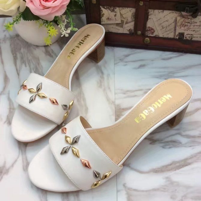 Louis Vuitton Leather Studs 4cm Heel Sandal White