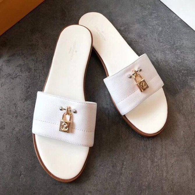 Louis Vuitton Lock It Flat Slide Sandals 1A4FG7 White Leather