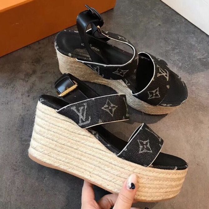 Louis Vuitton Monogram Canvas Wedge Espadrilles Sandals Black