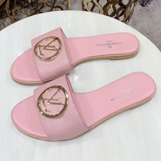 Louis Vuitton Lock It LV Circle Calfskin Flat Slide Sandals Pink