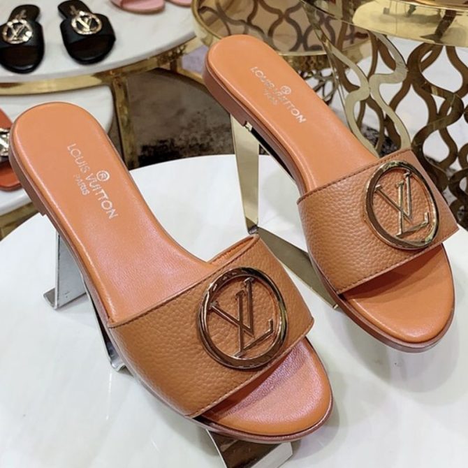 Louis Vuitton Lock It LV Circle Calfskin Flat Slide Sandals Brown