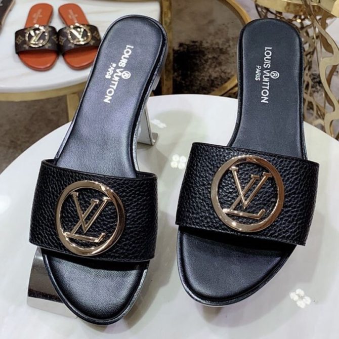 Louis Vuitton Lock It LV Circle Calfskin Flat Slide Sandals Black