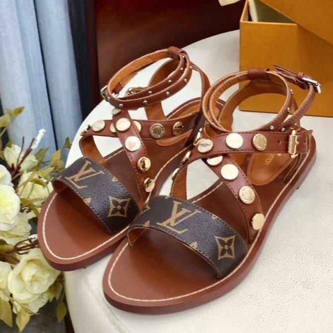 Louis Vuitton Flat Passenger Studs Cross Sandals 1A4VOW Brown