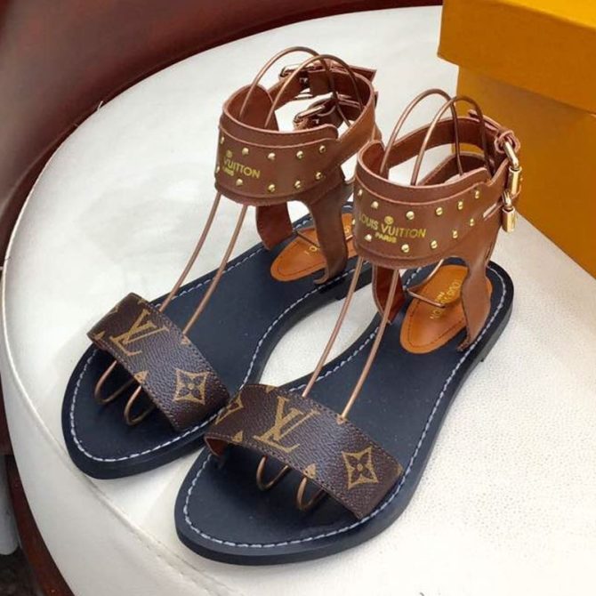 Louis Vuitton Flat Nomad Studs and Monogram Sandals Brown