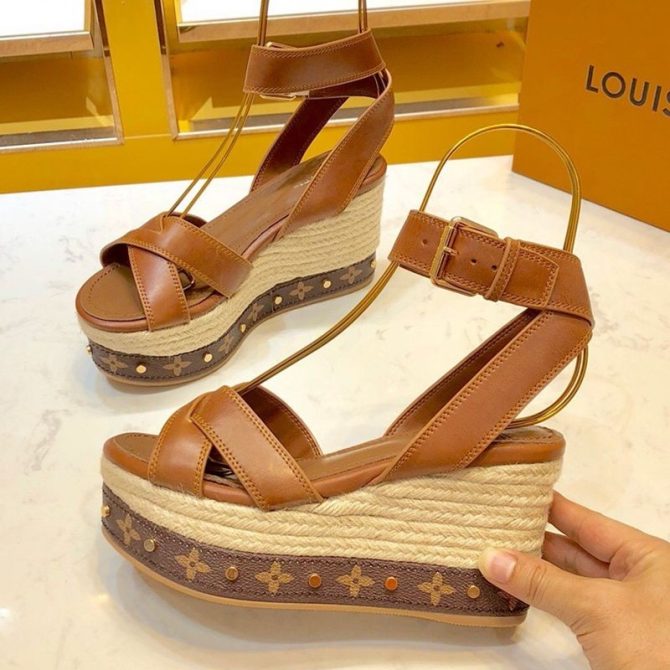 Louis Vuitton Leather Monogram Wedge Espadrilles Sandals Brown