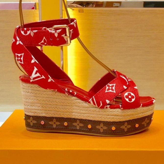 Louis Vuitton Monogram Wedge Espadrilles Sandals Red