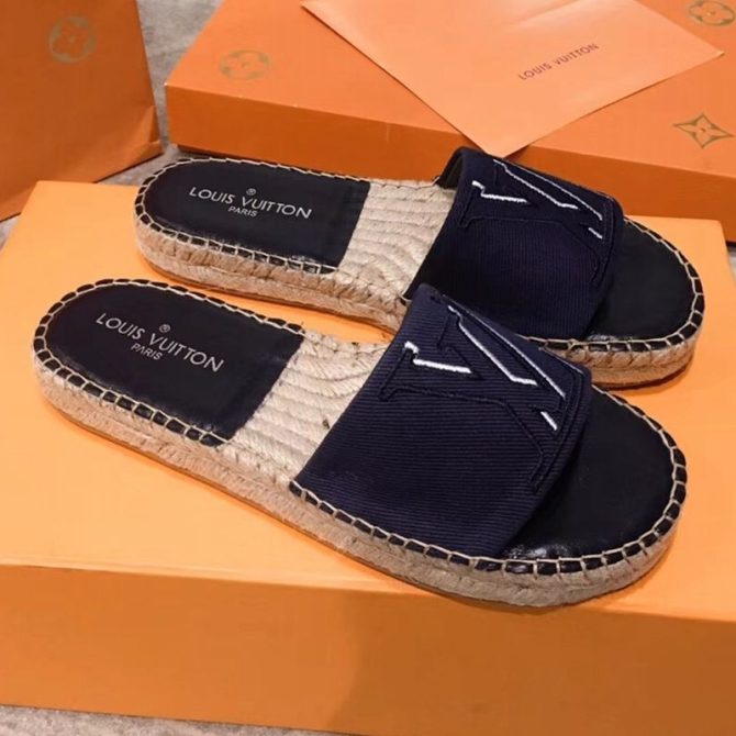 Louis Vuitton Seashore Oversize LV Flat Espadrilles Slide Sandals Dark Blue