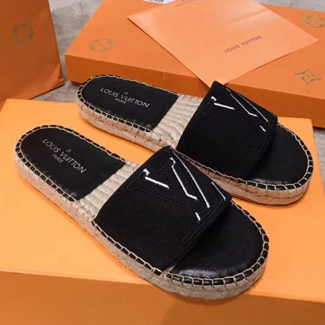 Louis Vuitton Seashore Oversize LV Flat Espadrilles Slide Sandals Black