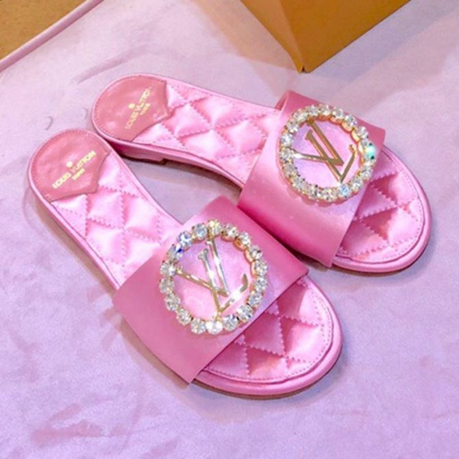 Louis Vuitton Madeleine Silk Crystal LV Circle Flat Slide Sandals Pink