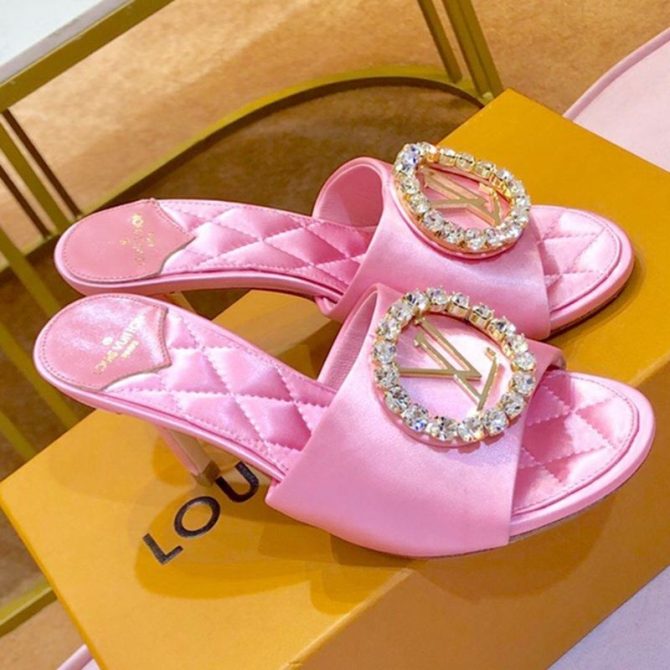 Louis Vuitton Madeleine Silk Crystal LV Circle Heel Slide Sandals Pink