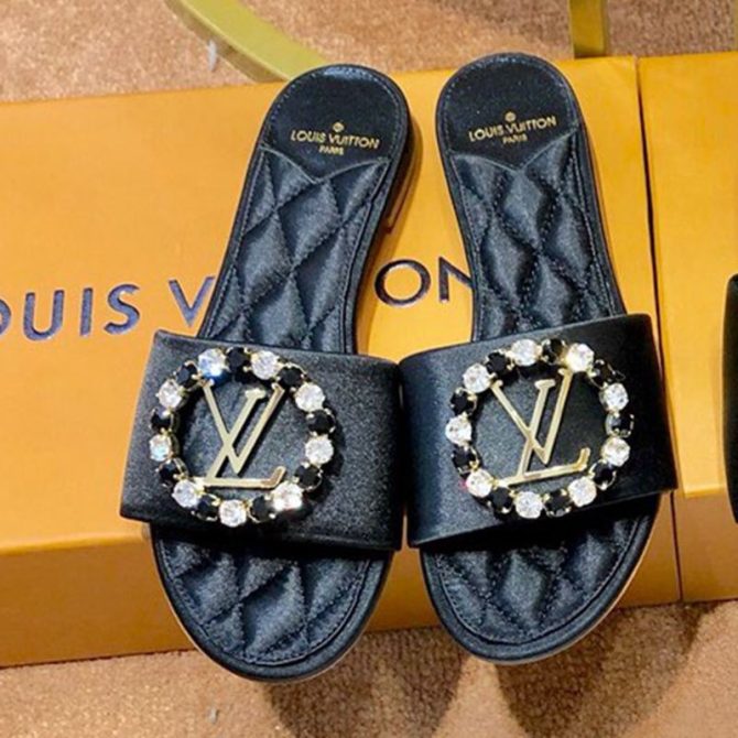 Louis Vuitton Madeleine Silk Crystal LV Circle Flat Slide Sandals Black