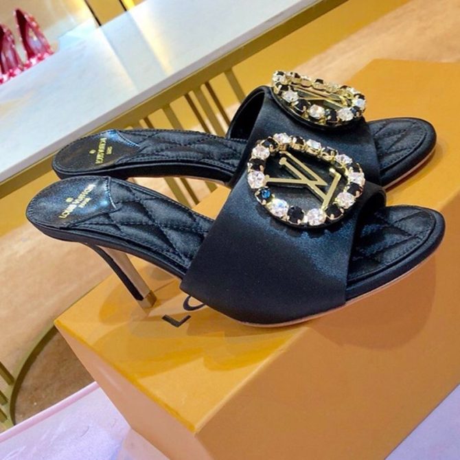 Louis Vuitton Madeleine Silk Crystal LV Circle Heel Slide Sandals Black