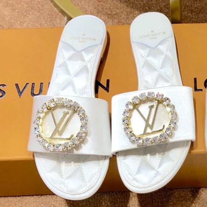 Louis Vuitton Madeleine Silk Crystal LV Circle Flat Slide Sandals White