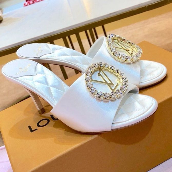 Louis Vuitton Madeleine Silk Crystal LV Circle Heel Slide Sandals White