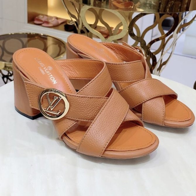 Louis Vuitton Horizon Calfskin LV Circle Heel Mule Sandals Apricot