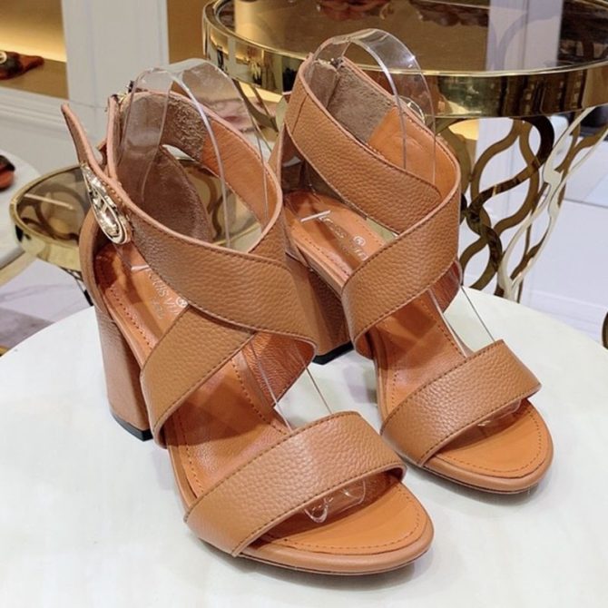 Louis Vuitton Horizon Calfskin Cross-Over Straps LV Circle Heel Sandals Apricot