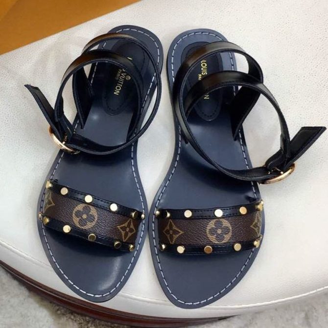 Louis Vuitton Flat Passenger Studs Front Strap Sandals Black